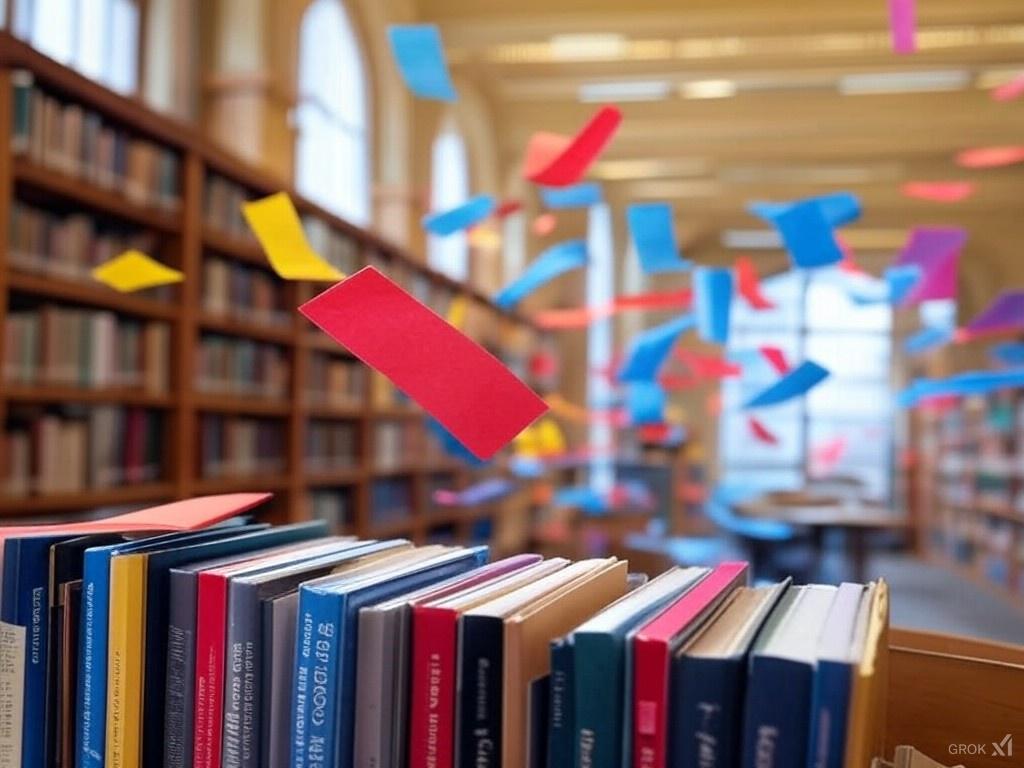 A bunch of bookmarks flying through a library